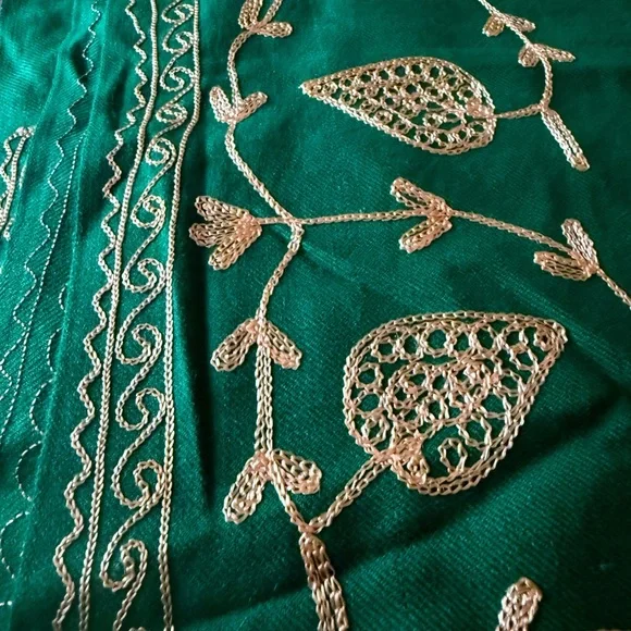 Kashmiri Luxurious Green and Gold Embroidered scarf/Throw Blanket